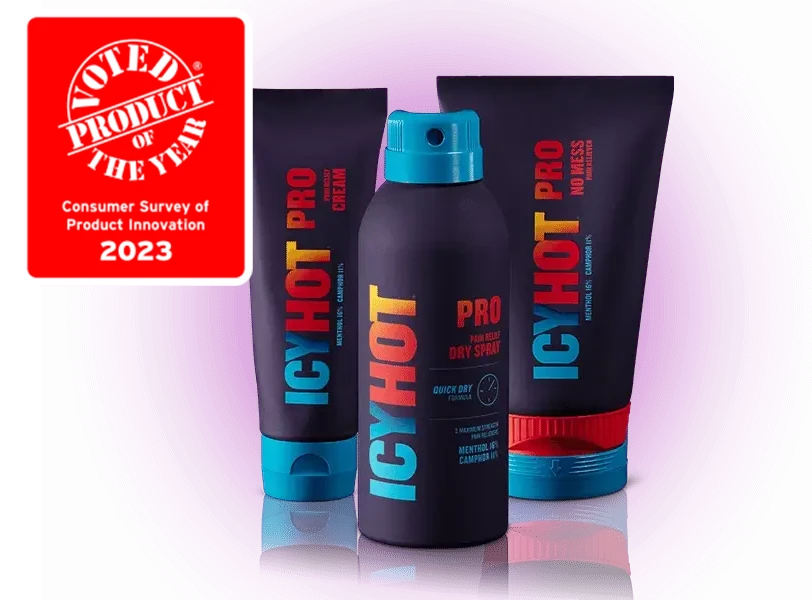 Family shot of Icy Hot PRO Cream, Dry Spray and No Mess. Voted Product of the Year (Consumer Survey of Product Innovation 2023)